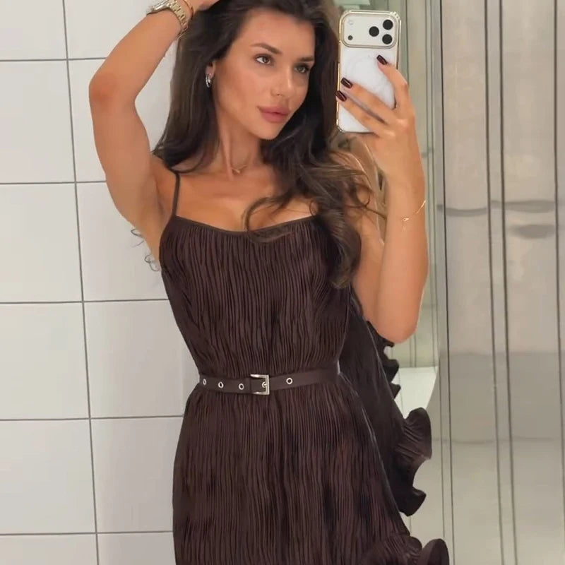 Chic Women's Belt Ruffles Long Dress Asymmetric Square Collar Sleeveless Backless Pleated Dresses 2026 Summer Lady Beach Robes