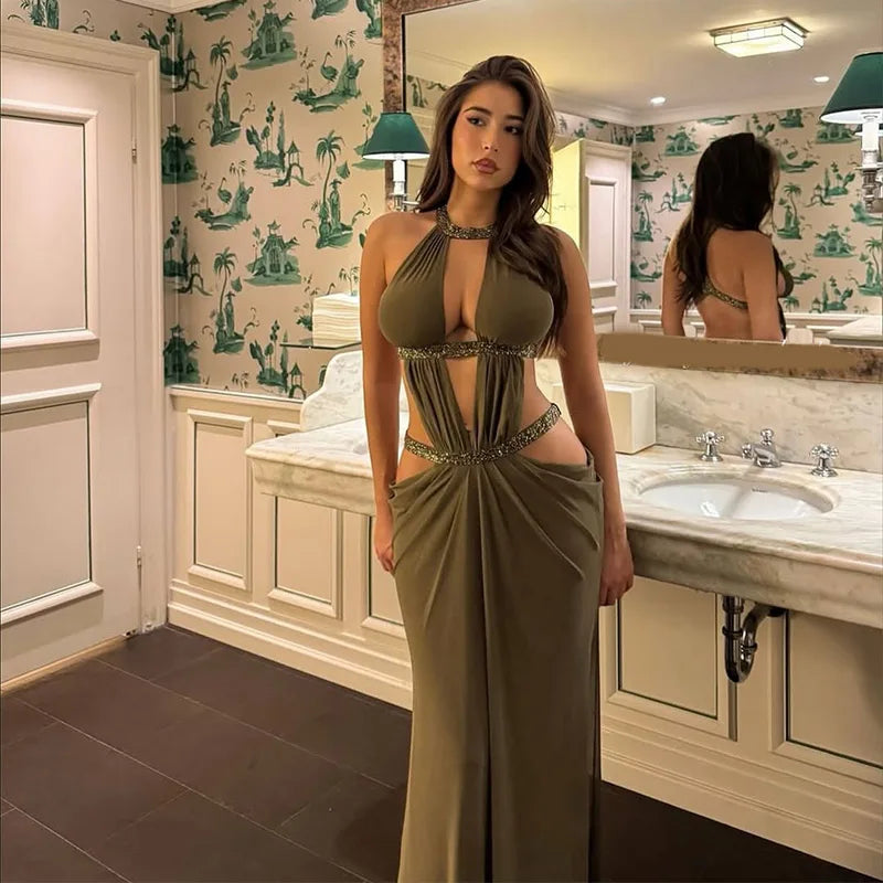 Off Shoulder Pleated Slim maxi dress
