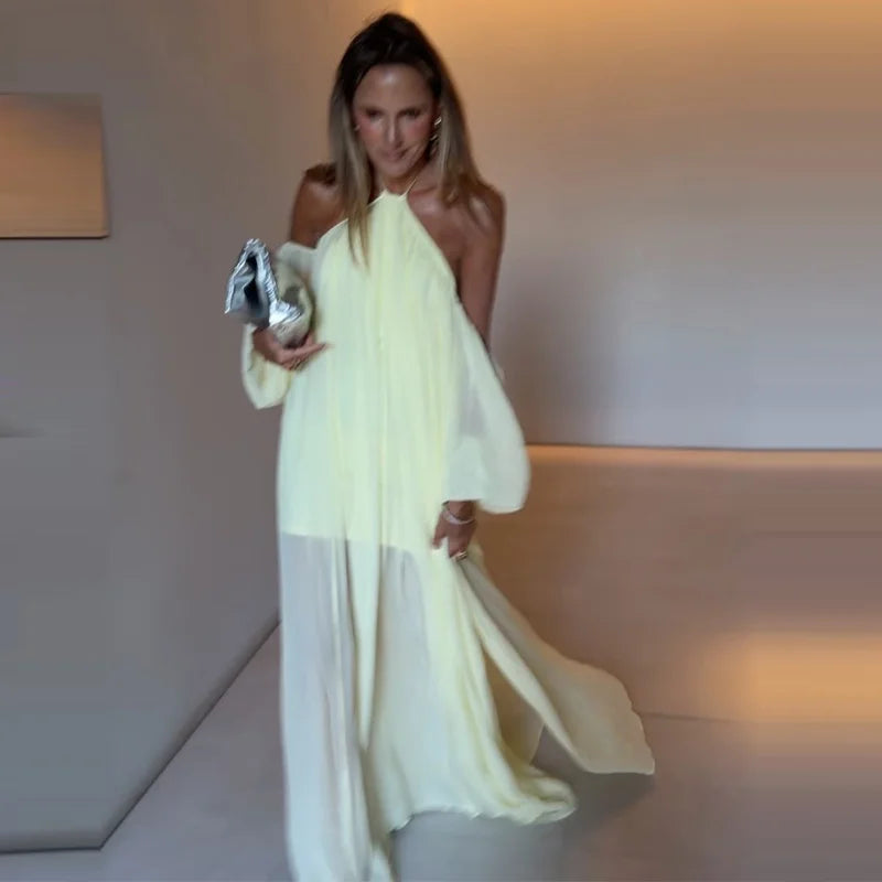 Sexy Halter Backless Party Gowns Women's Yellow Big Hem Off-shoulder Long Dresses 2026 Spring New Ladies Loose Beach Robes