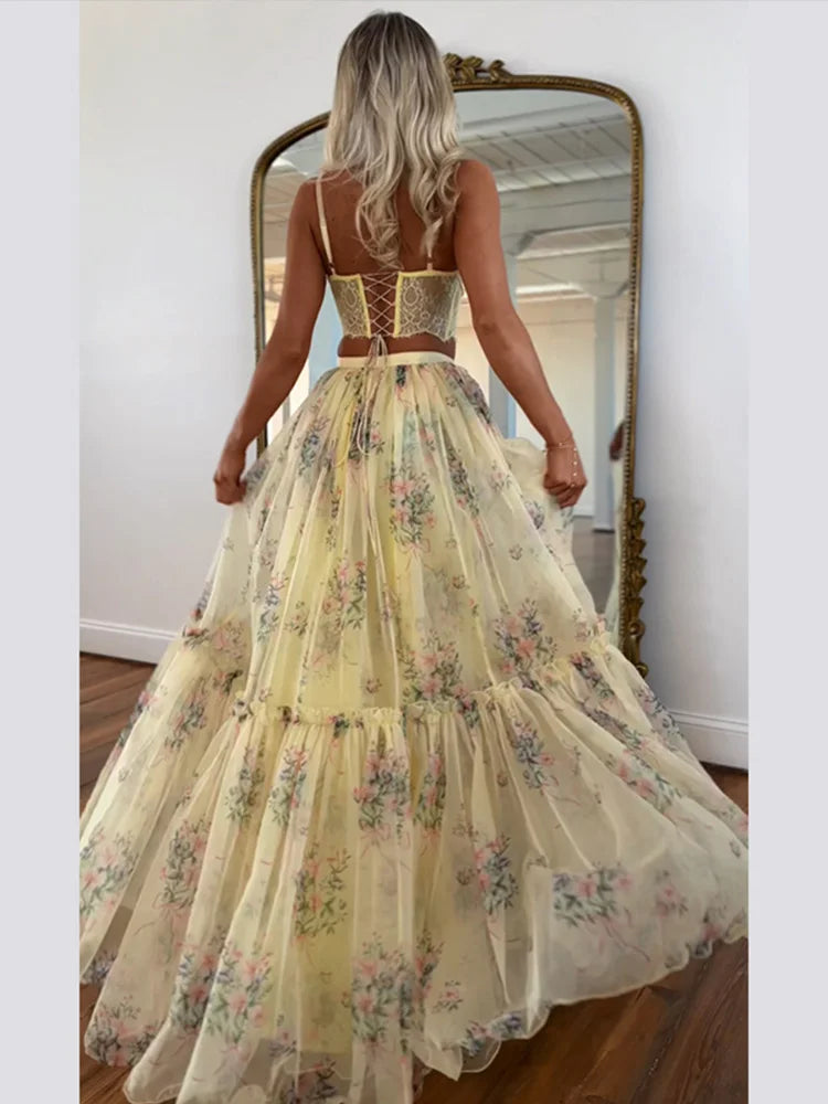 Floral Printed Women's Dress Lace Patchwork Spaghetti Strap Cami Top Female Tulle Ruffle Maxi Skirt Party Beach Dresses For Lady