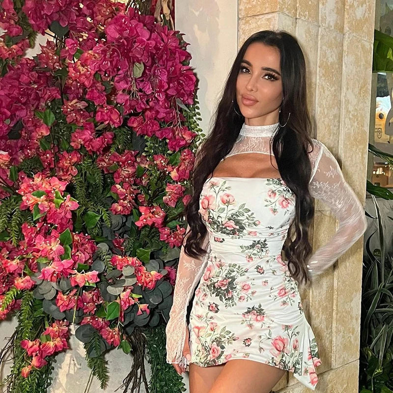 Lace Print Dress Elegant See Through