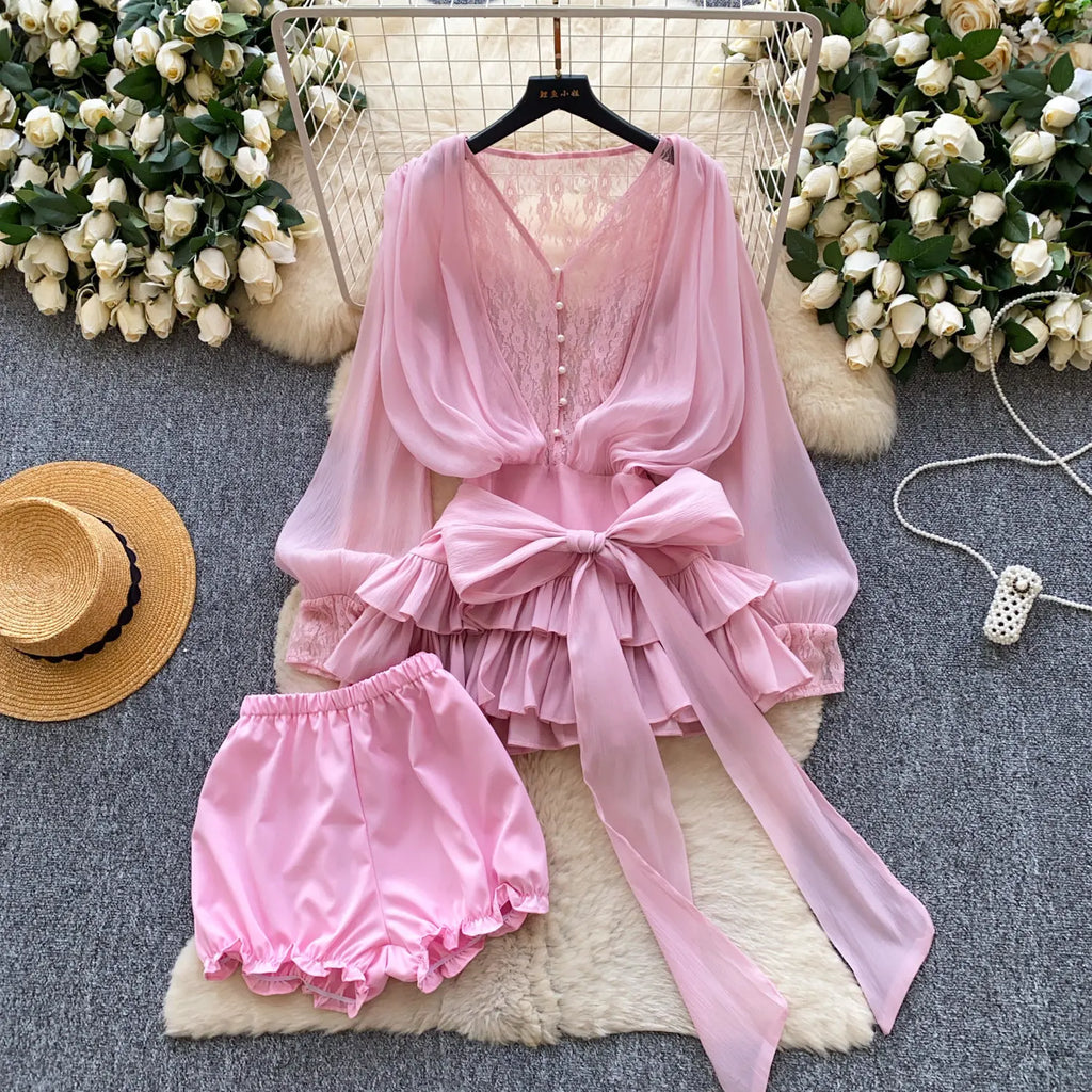SINGREINY Fairycore Lace Chiffon Dresses With Stretch Shorts Pearl Button Bow Female Ruffles Sheer Seaside Holiday Mini Dress