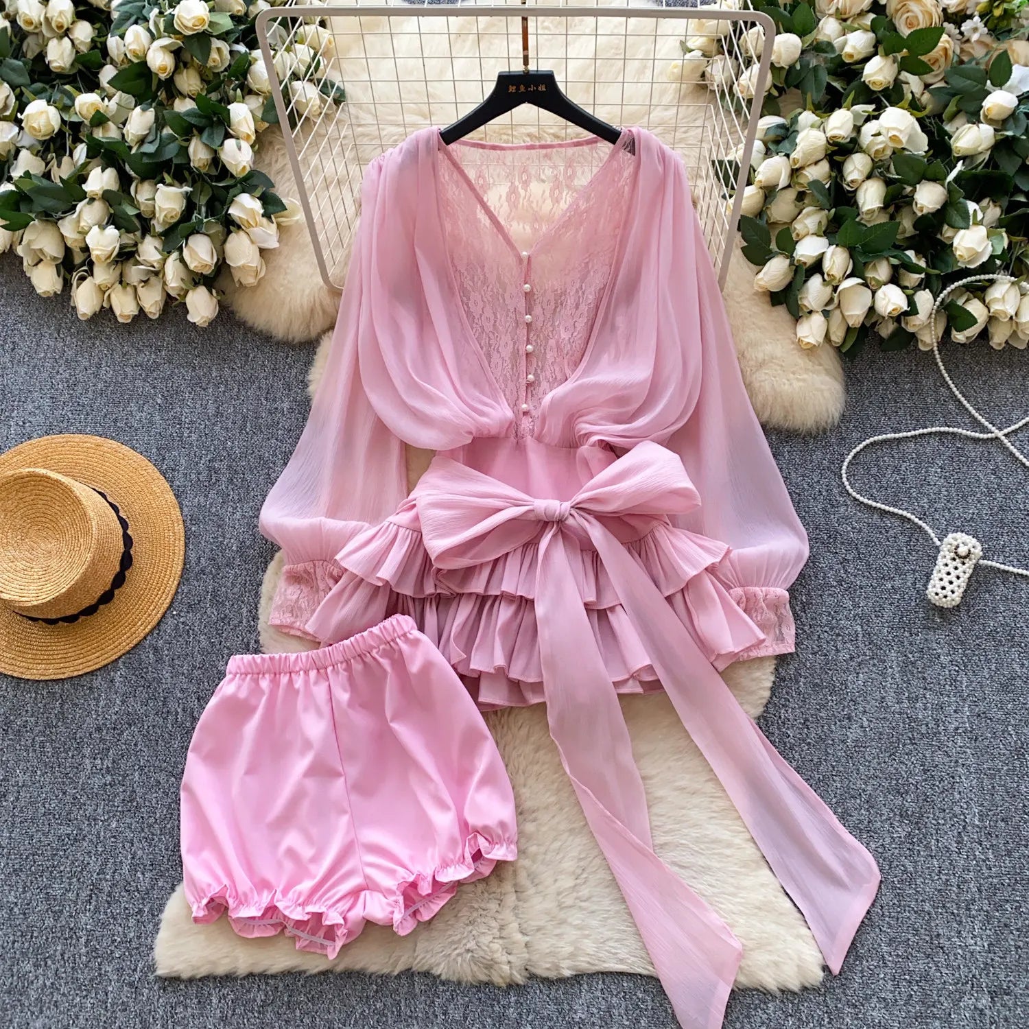 SINGREINY Fairycore Lace Chiffon Dresses With Stretch Shorts Pearl Button Bow Female Ruffles Sheer Seaside Holiday Mini Dress
