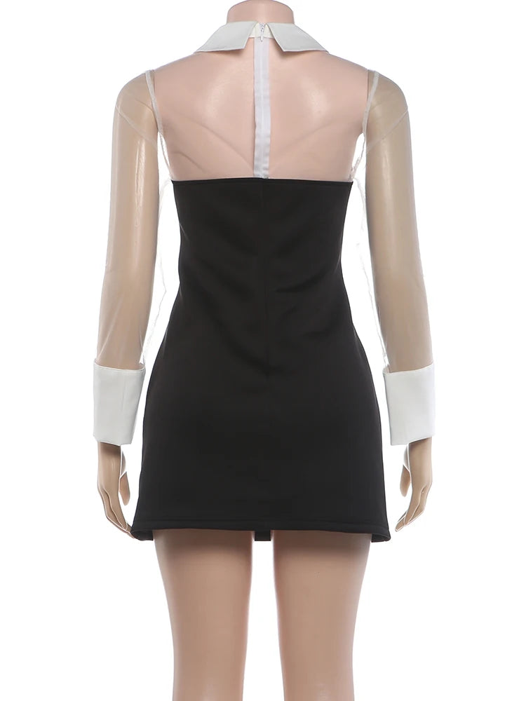 Nibber Full Sleeve Dress Women Fashion Mesh Patchwork Sexy Color Blocking Turn Down Collar Elegant Party Club Autumn Bodycon