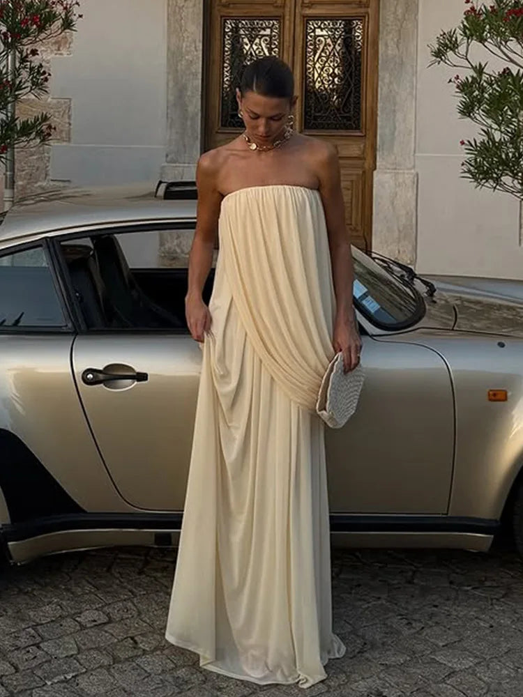 Strapless Pleated Maxi Sleeveless  Long Dresses