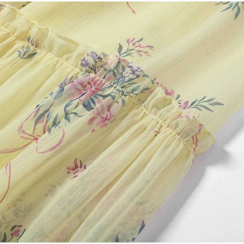 Floral Printed Women's Dress Lace Patchwork Spaghetti Strap Cami Top Female Tulle Ruffle Maxi Skirt Party Beach Dresses For Lady