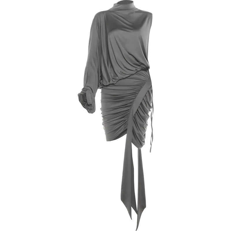 Nibber Asymmetry 2-Piece Set Women Mock Turtleneck One Sleeve Drawstringtops+Folds Tassel Irregular Hem Skirts Elegant Chic Suit