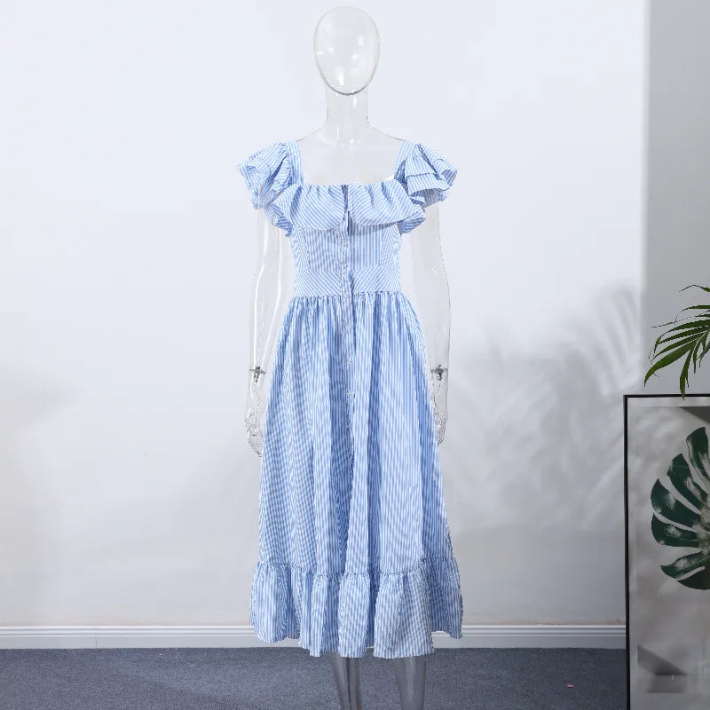 Elegant Striped Ruffled Women's Long Dress Square-Neck Single Breasted Flying Sleeve Dresses 2026 Summer Lady Party Beach Robes