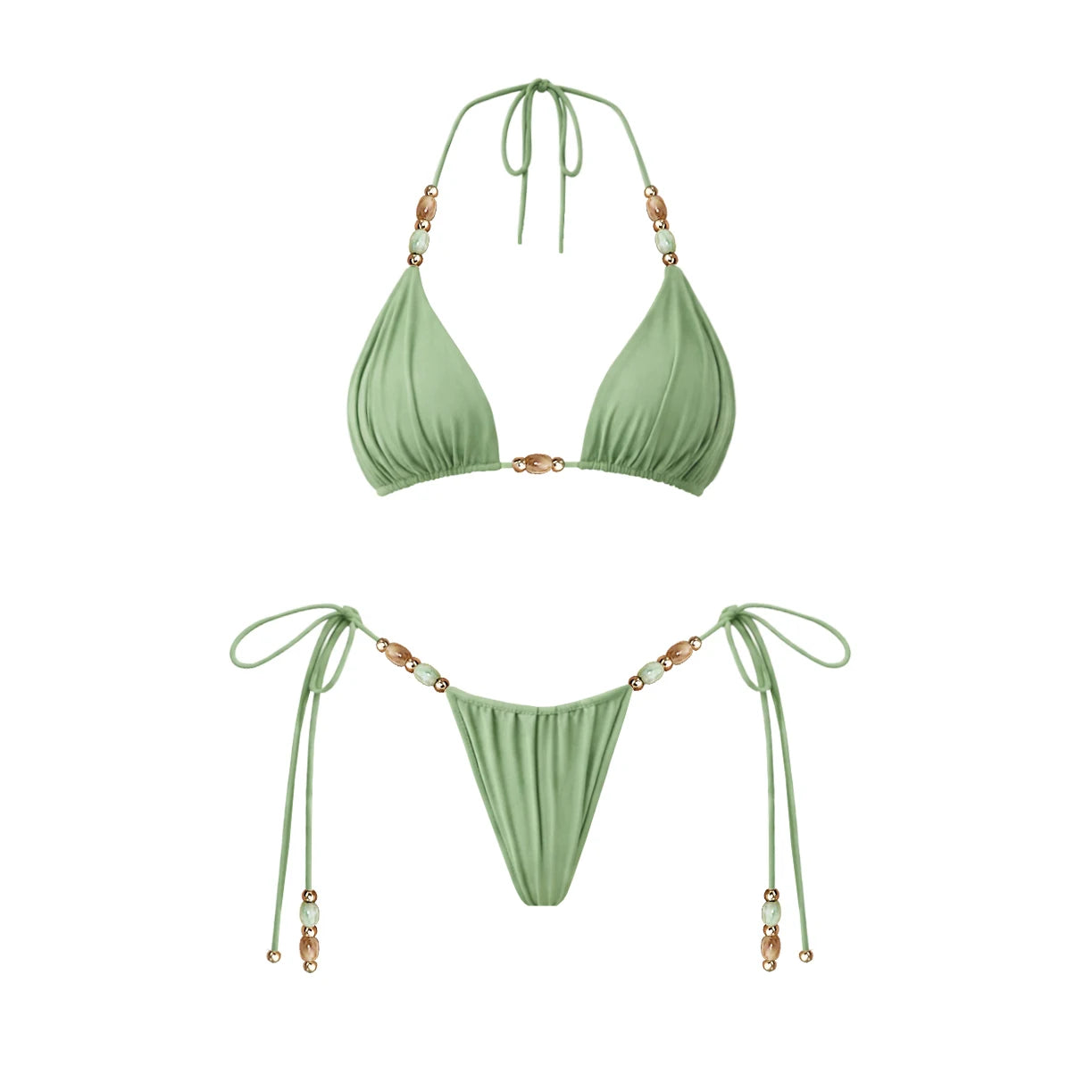 Beads 3Pcs Green Bikini Sexy Women Bandeau Biquini Female Swimsuit Push Up Swimwear Mesh Skirt Bathing Suits Cover Up Beachwear