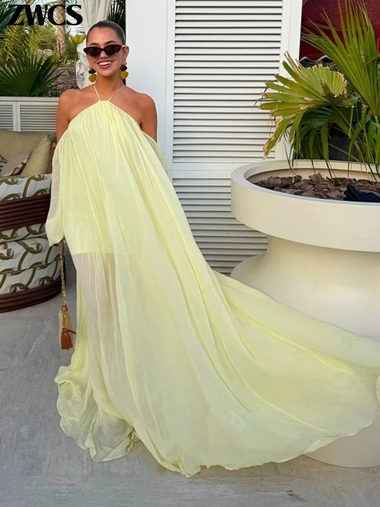 Sexy Halter Backless Party Gowns Women's Yellow Big Hem Off-shoulder Long Dresses 2026 Spring New Ladies Loose Beach Robes