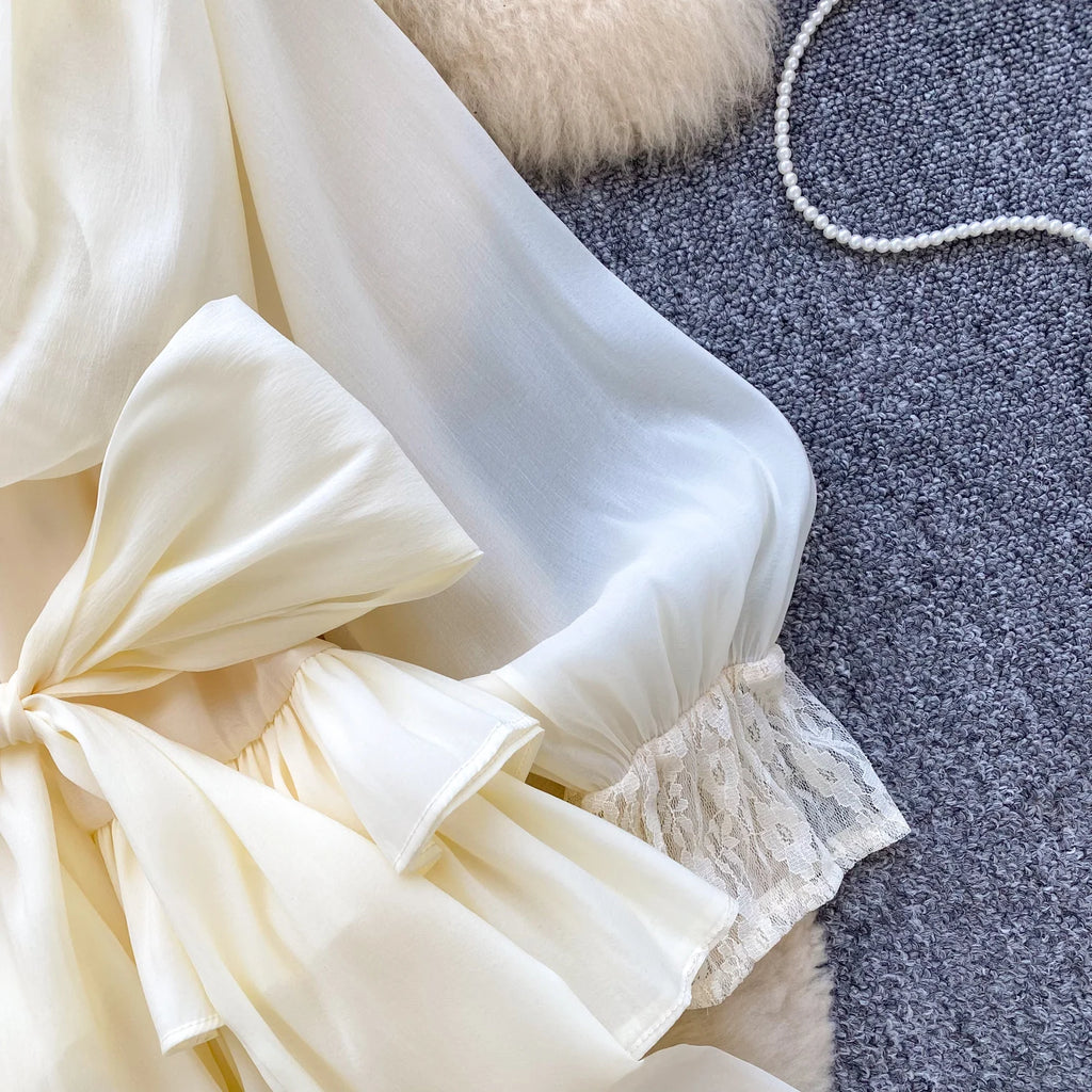 SINGREINY Fairycore Lace Chiffon Dresses With Stretch Shorts Pearl Button Bow Female Ruffles Sheer Seaside Holiday Mini Dress