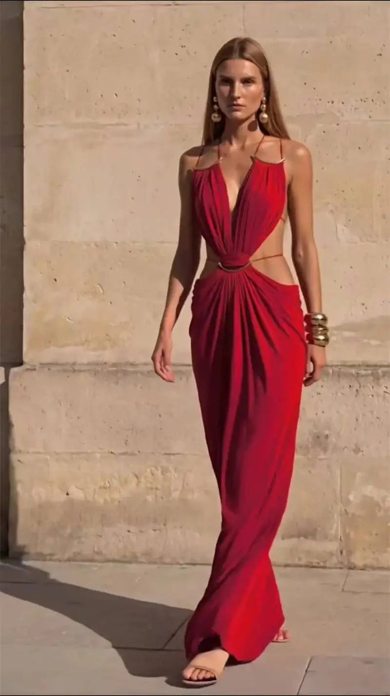 Halter Deep V Neck Maxi Dress Backless