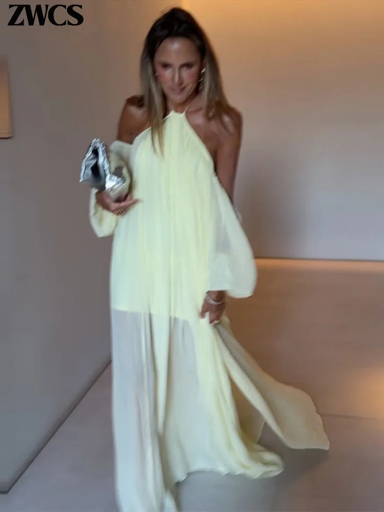Sexy Halter Backless Party Gowns Women's Yellow Big Hem Off-shoulder Long Dresses 2026 Spring New Ladies Loose Beach Robes