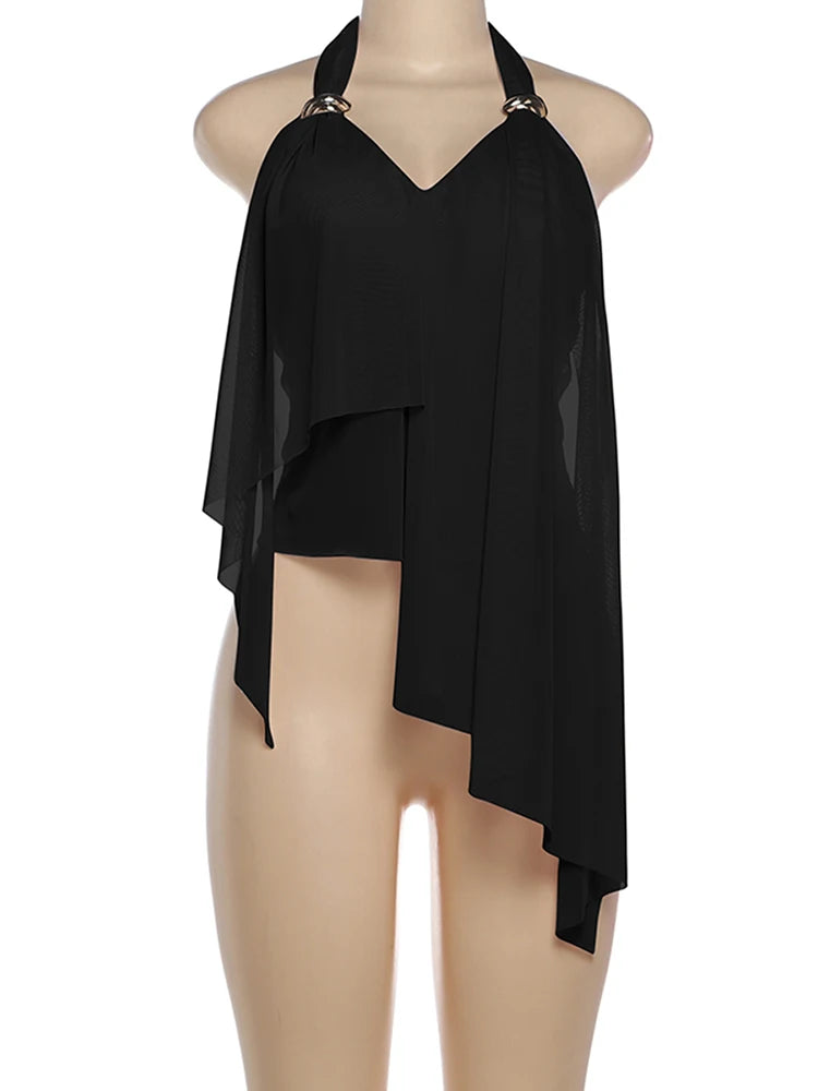 Nibber Elegant Metal Trim Tank Tops Woman Mesh Patchwork Halter Low-Neck Backless Ruched Ruffles Decoration 2026 New Style Vests