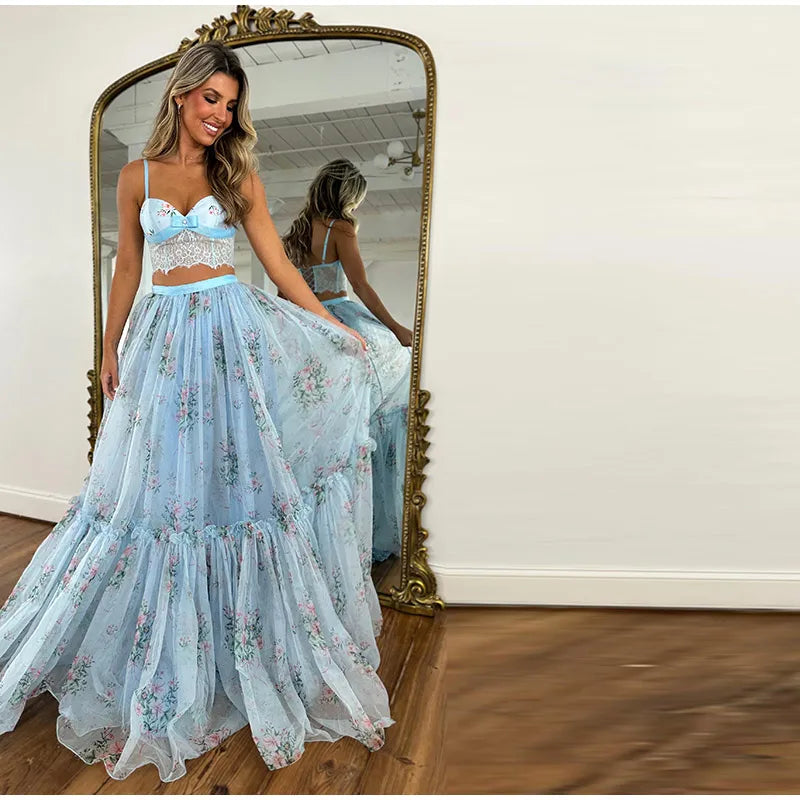 Floral Printed Women's Dress Lace Patchwork Spaghetti Strap Cami Top Female Tulle Ruffle Maxi Skirt Party Beach Dresses For Lady