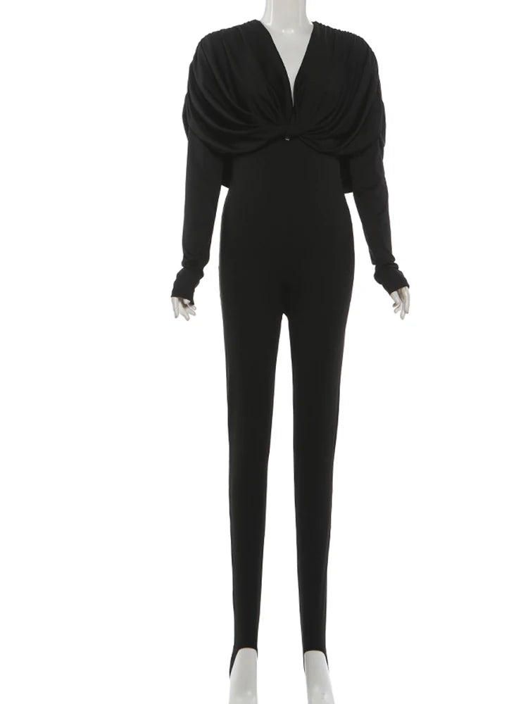 Nibber Office Style Casual Fashion Jumpsuit Woman Folds Low-Neck Full Sleeve High Waist Skinny Peach Hip Street Classic Overalls
