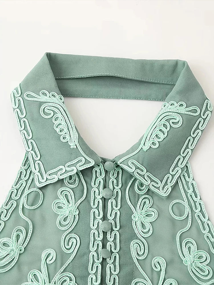 Floral Embroidery Halter Top Vest Breasted Mini Skirt Set Standing Collar Crop Women Short Tank Micro Transparent Crochet Skirts