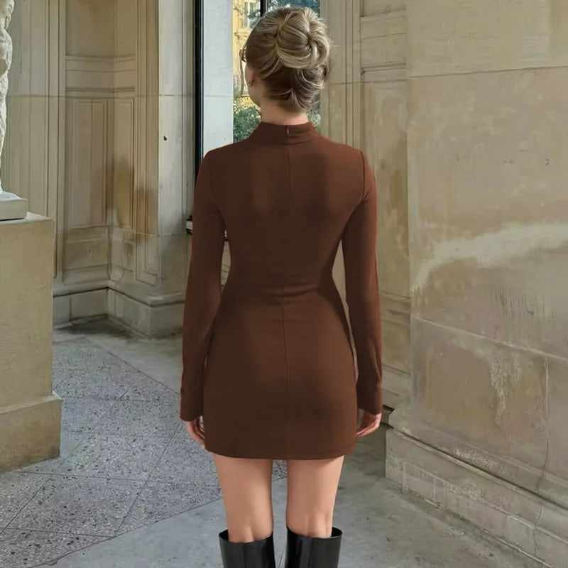 Stand Collar Fold Bodycon Mini Dress Women Autumn Winter Long Sleeve Solid Black Dresses Streetwear Elegant Chic Female Robes