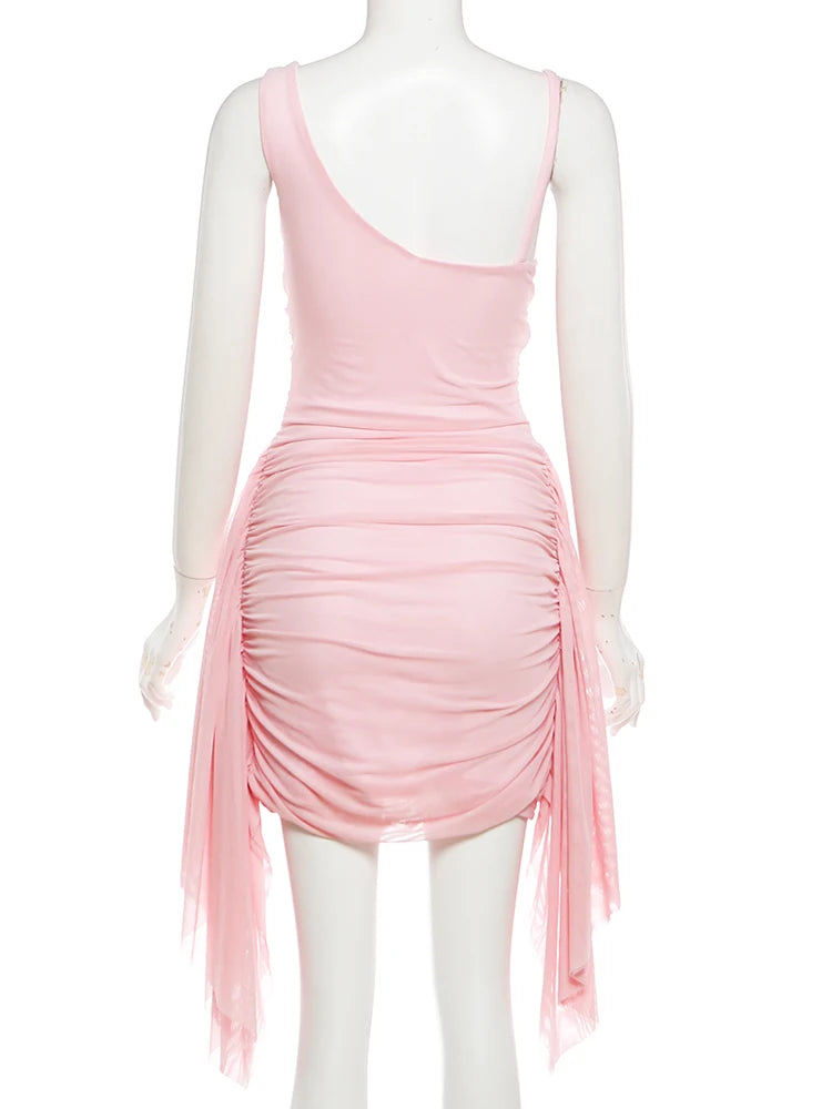 Weird Puss Ruffles Tassel Dress Women Folds Low-Neck Patchwork Mesh Sleeveless Sweet Elegant Prom Party Summer Chic Mini Bodycon
