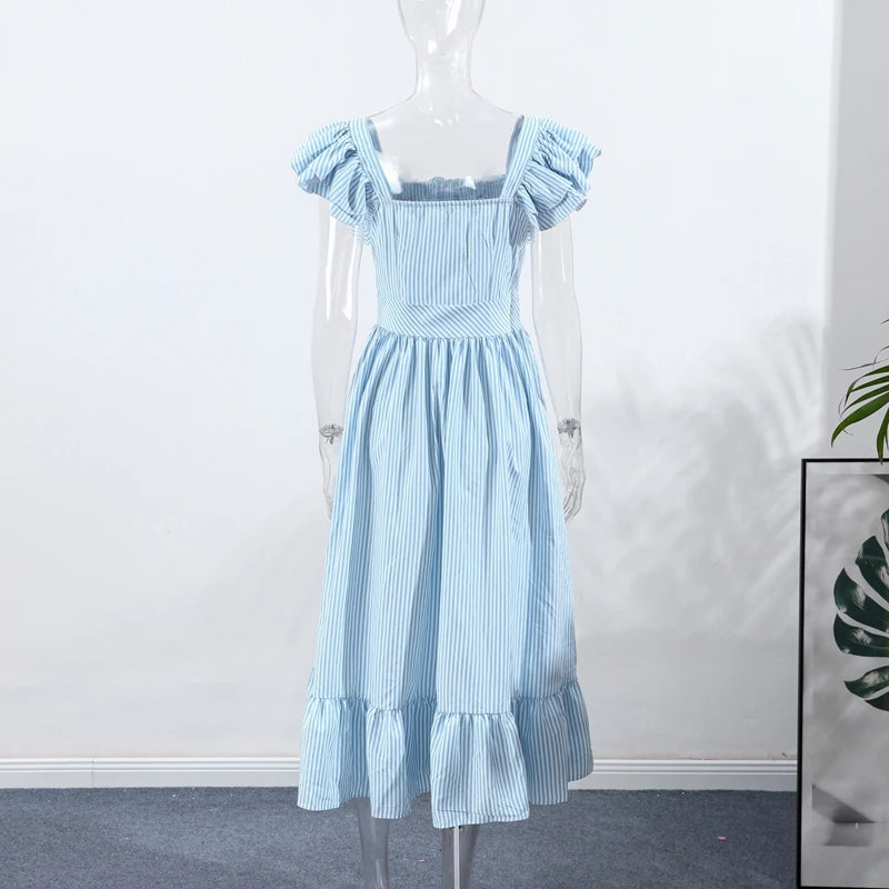Elegant Striped Ruffled Women's Long Dress Square-Neck Single Breasted Flying Sleeve Dresses 2026 Summer Lady Party Beach Robes