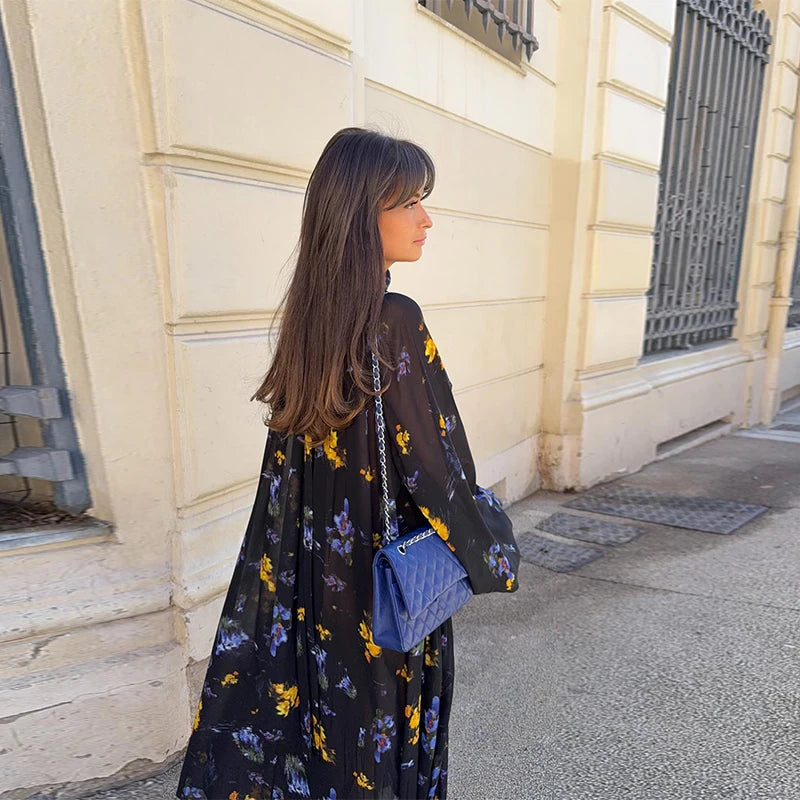 Elegant Cascading Ruffles Short Dresses Women Loose Blue Turtleneck Flare Sleeve Dress 2025 Spring Summer Lady Vacation Robes