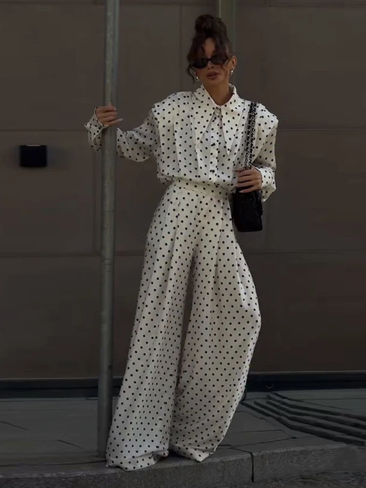 Casual Dot Shirt Pants Women Set Holidays Lapel Long Sleeve Blouse Wide Leg Pleated Trousers 2026 Spring Summer Lady Outfit