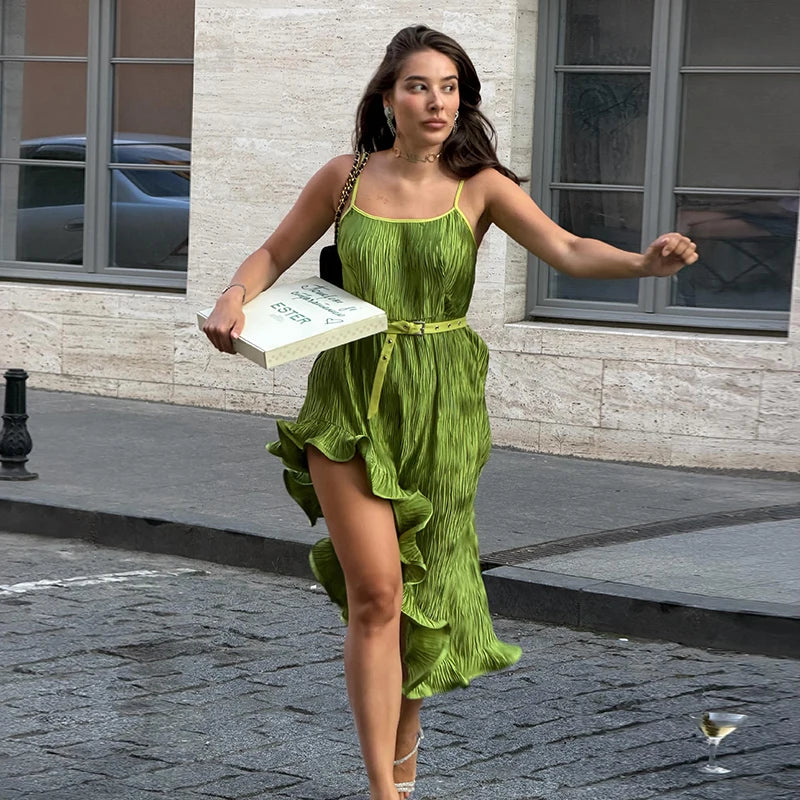 Chic Women's Belt Ruffles Long Dress Asymmetric Square Collar Sleeveless Backless Pleated Dresses 2026 Summer Lady Beach Robes