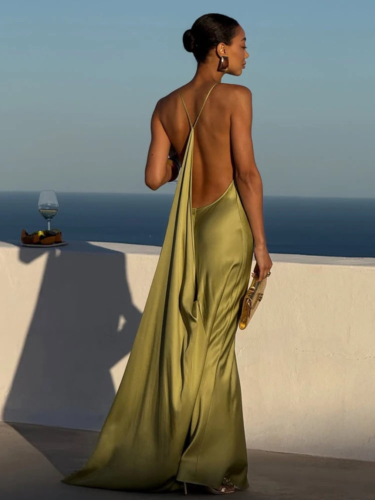 Sexy Women's Satin Solid Long Dress Swing Collar Sleeveless Backless Spaghetti Strap Slit Dresses 2026 Summer Evening Lady Robes