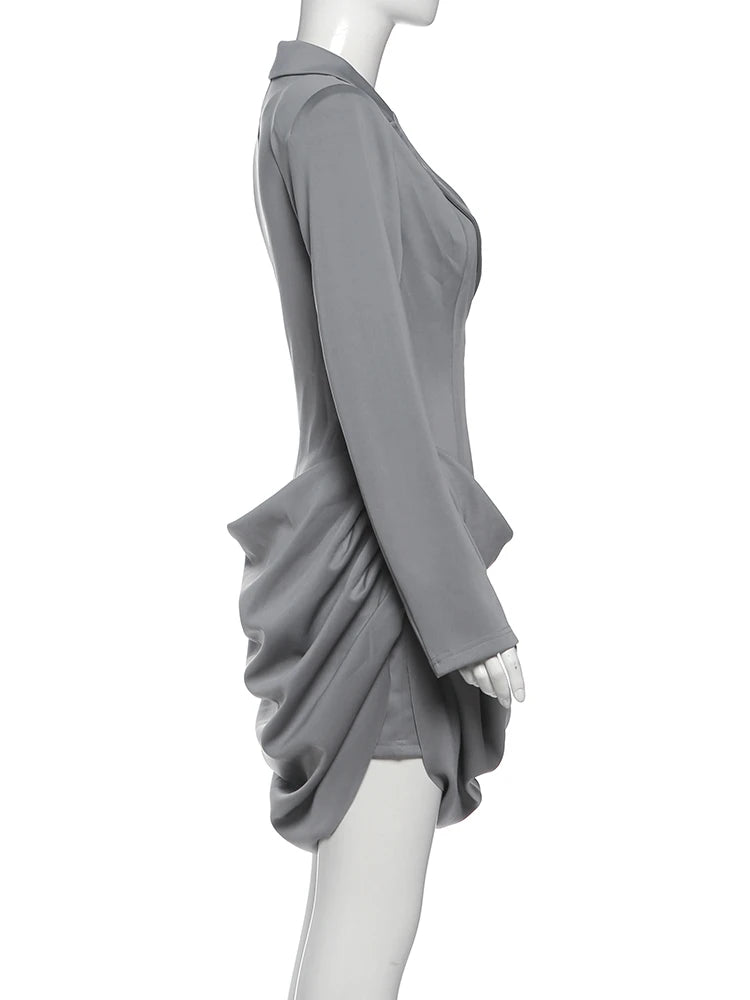 Nibber Office Dress Women Lapel Irregular Hem Full Sleeve Skinny Solid Simple Classic Elegant Autumn Trend Commute Mini Bodycon