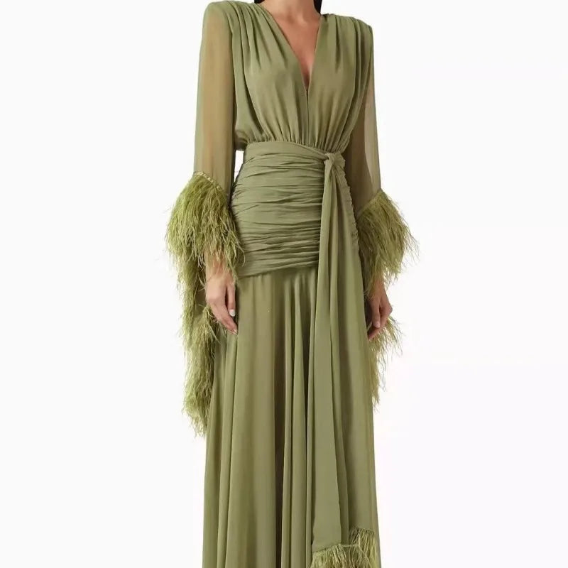 Women Elegant Solid Dress 2026 Fall V Neck Long Sleeve Feather Splicing Chiffon High Slit Slim Fit Maxi Dress Formal Party Gown