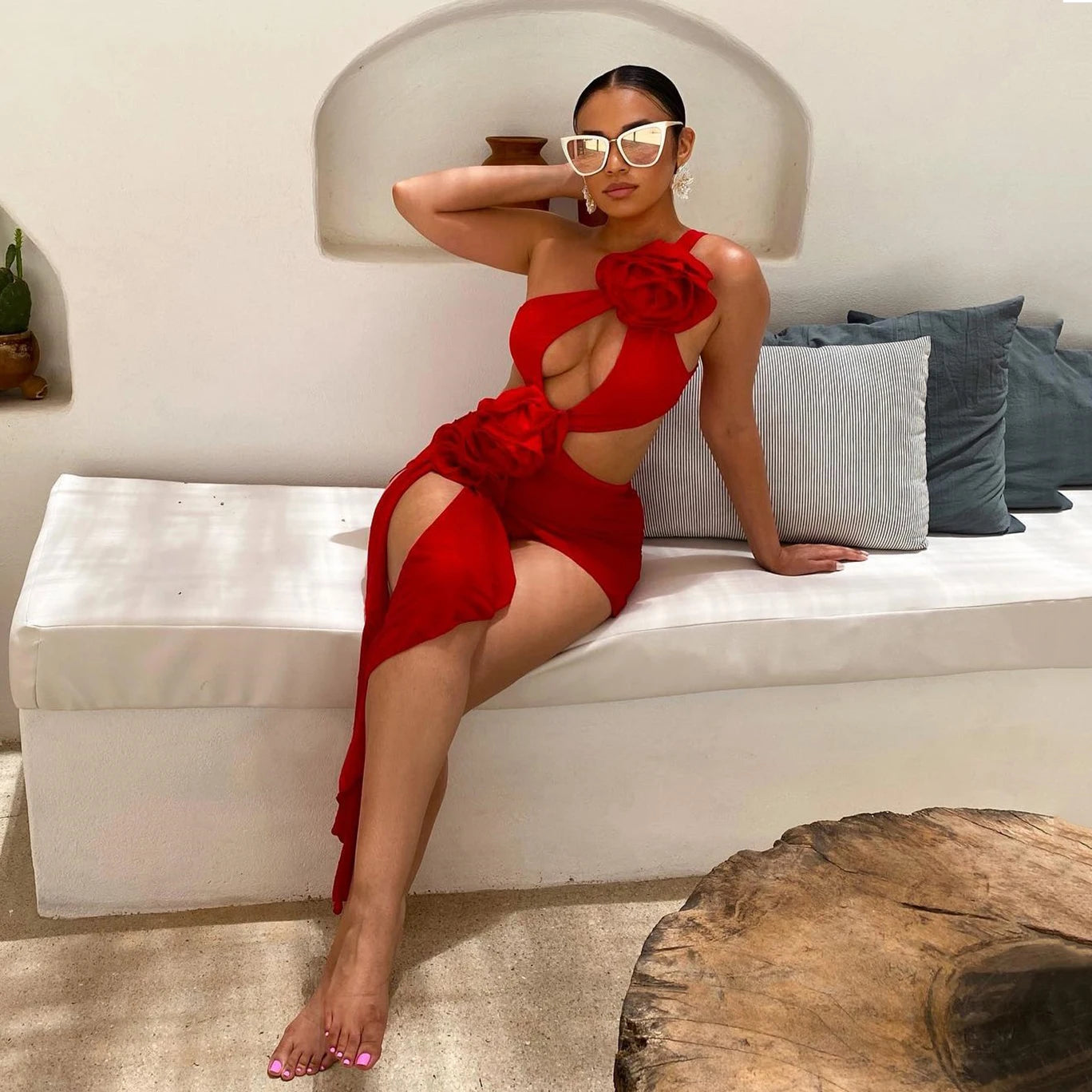 2026 Red Flower Swimsuit With Cover Up Desire Swim Suit Luxury Women Swimwear Sexy Hollow Bikini Beachwear Bodysuit Bathingsuit