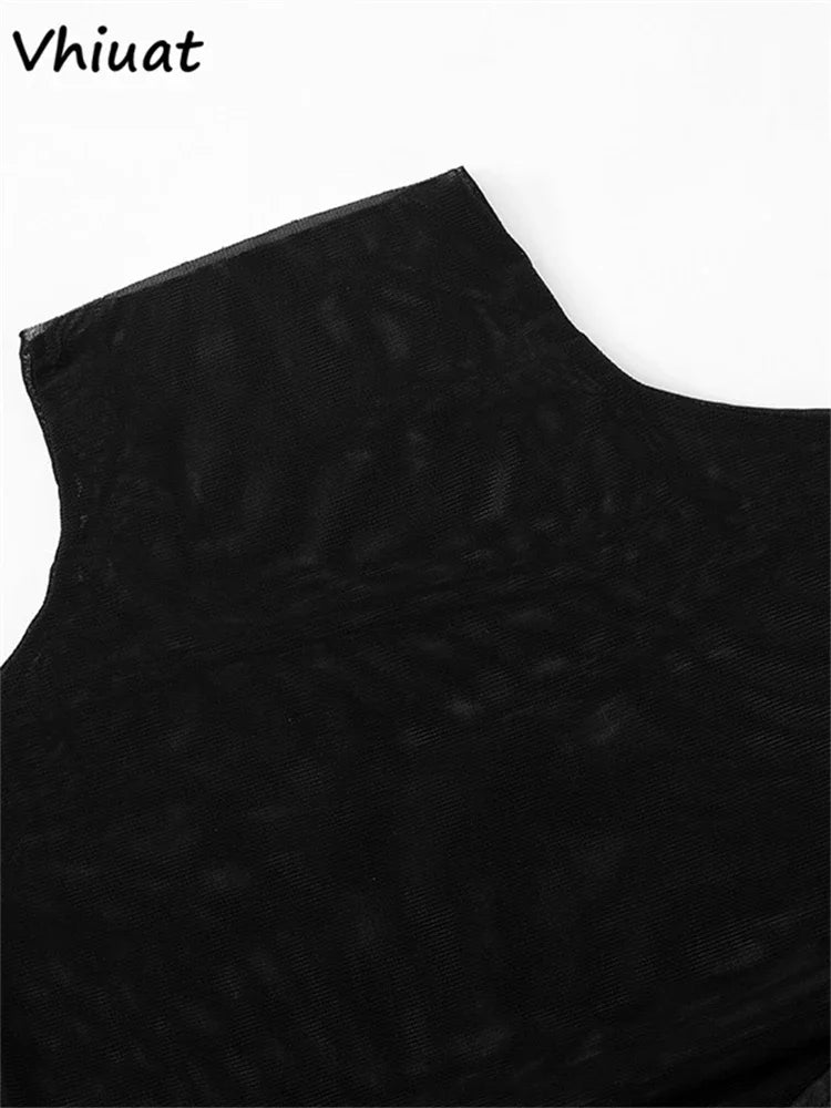 Vhiuat Sexy Cut Out Mesh Patchwork Turtleneck Long Sleeve Wrap Short Dress 2024 Party Evening Elegant Party Birthday Mini Dress