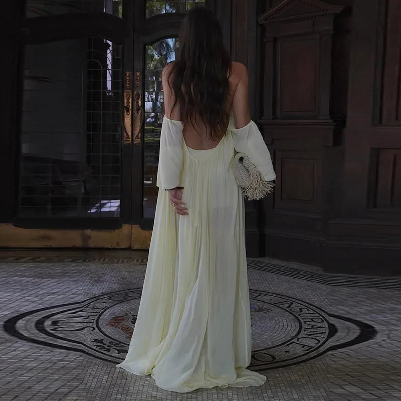 Sexy Halter Backless Party Gowns Women's Yellow Big Hem Off-shoulder Long Dresses 2026 Spring New Ladies Loose Beach Robes
