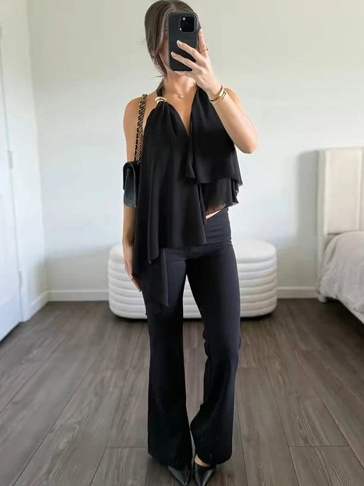 Nibber Elegant Metal Trim Tank Tops Woman Mesh Patchwork Halter Low-Neck Backless Ruched Ruffles Decoration 2026 New Style Vests