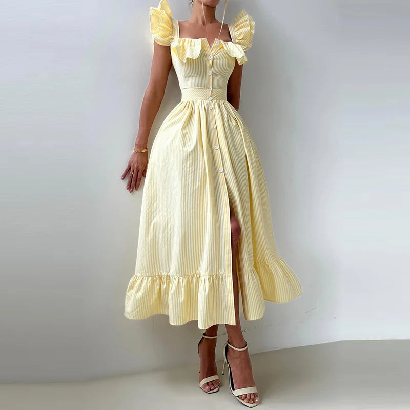 Elegant Striped Ruffled Women's Long Dress Square-Neck Single Breasted Flying Sleeve Dresses 2026 Summer Lady Party Beach Robes
