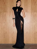 High Splits Solid Long Dress Half High Collar