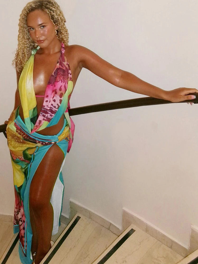Nibber Sexy Colorful Leopard Women 2Piece Set Y2K Beach Vacation Halter Tank Tops+Wrapped Maxi Skirts Matching Vacation Clubwear