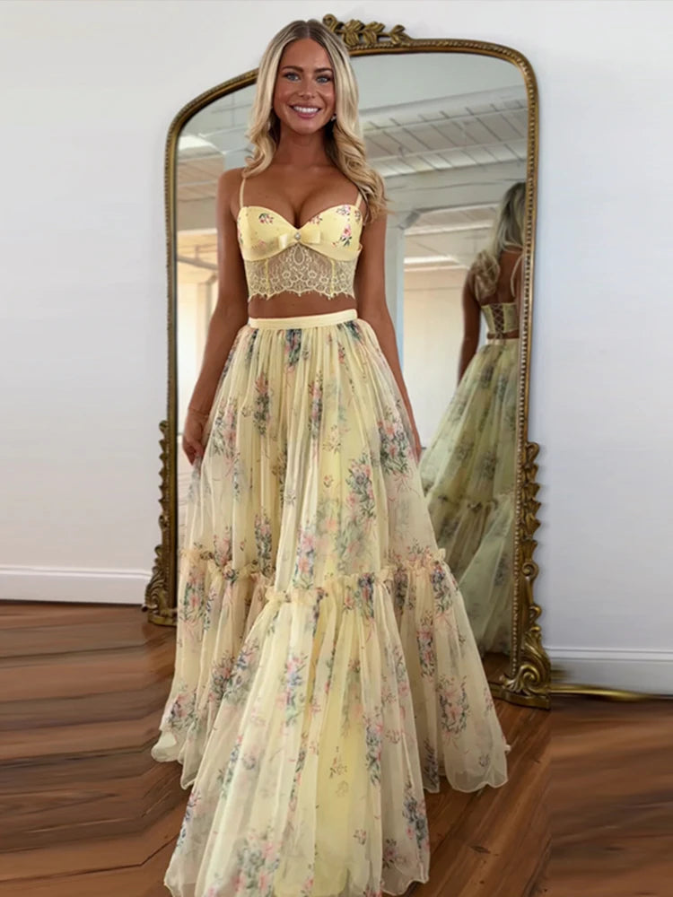 Floral Printed Women's Dress Lace Patchwork Spaghetti Strap Cami Top Female Tulle Ruffle Maxi Skirt Party Beach Dresses For Lady