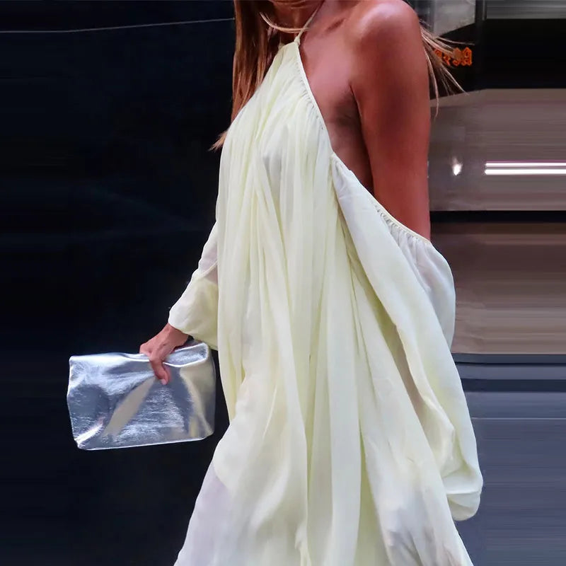 Sexy Halter Backless Party Gowns Women's Yellow Big Hem Off-shoulder Long Dresses 2026 Spring New Ladies Loose Beach Robes