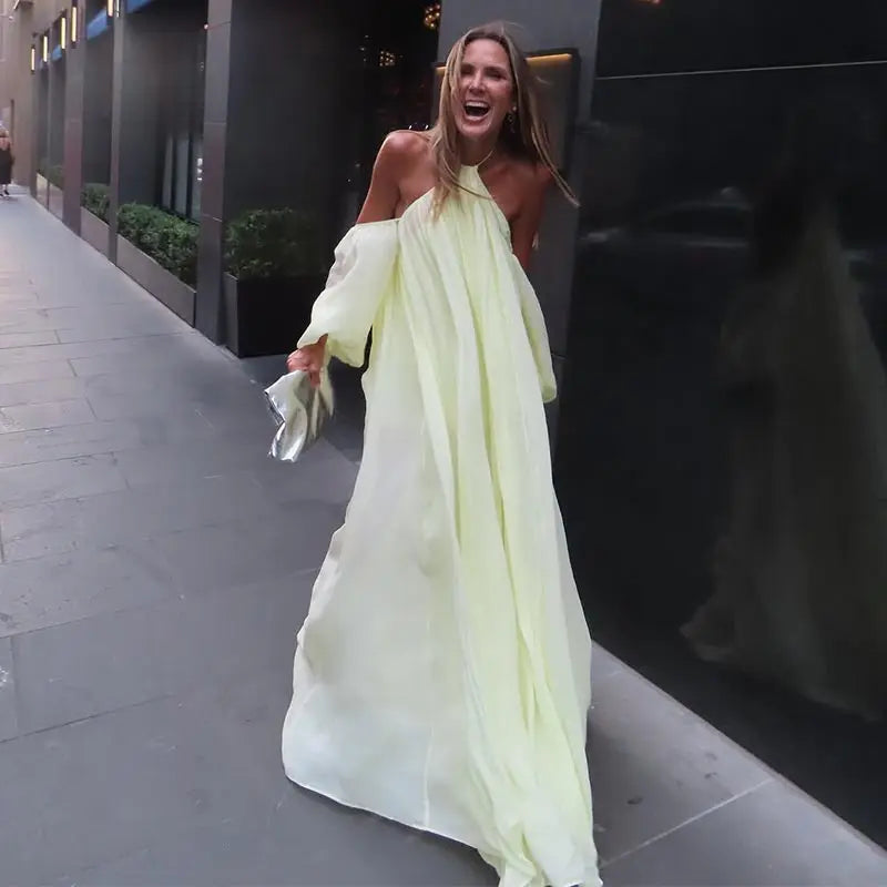 Sexy Halter Backless Party Gowns Women's Yellow Big Hem Off-shoulder Long Dresses 2026 Spring New Ladies Loose Beach Robes