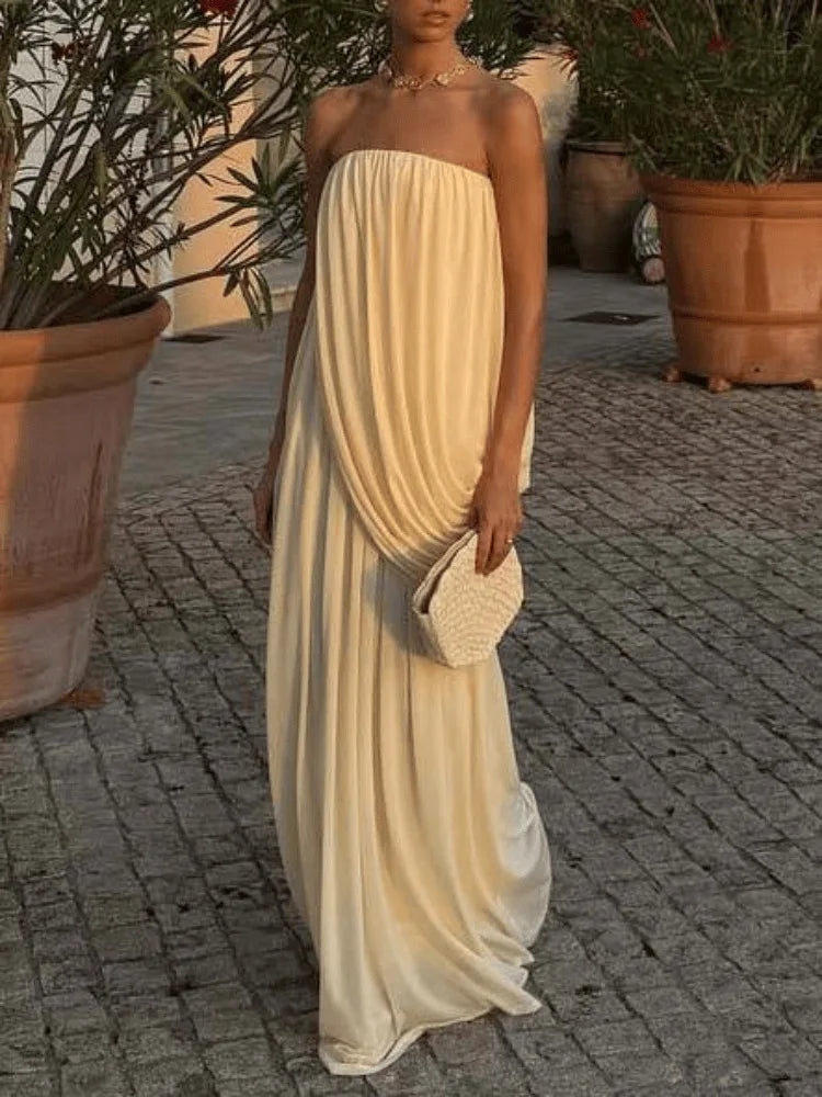 Strapless Pleated Maxi Sleeveless  Long Dresses