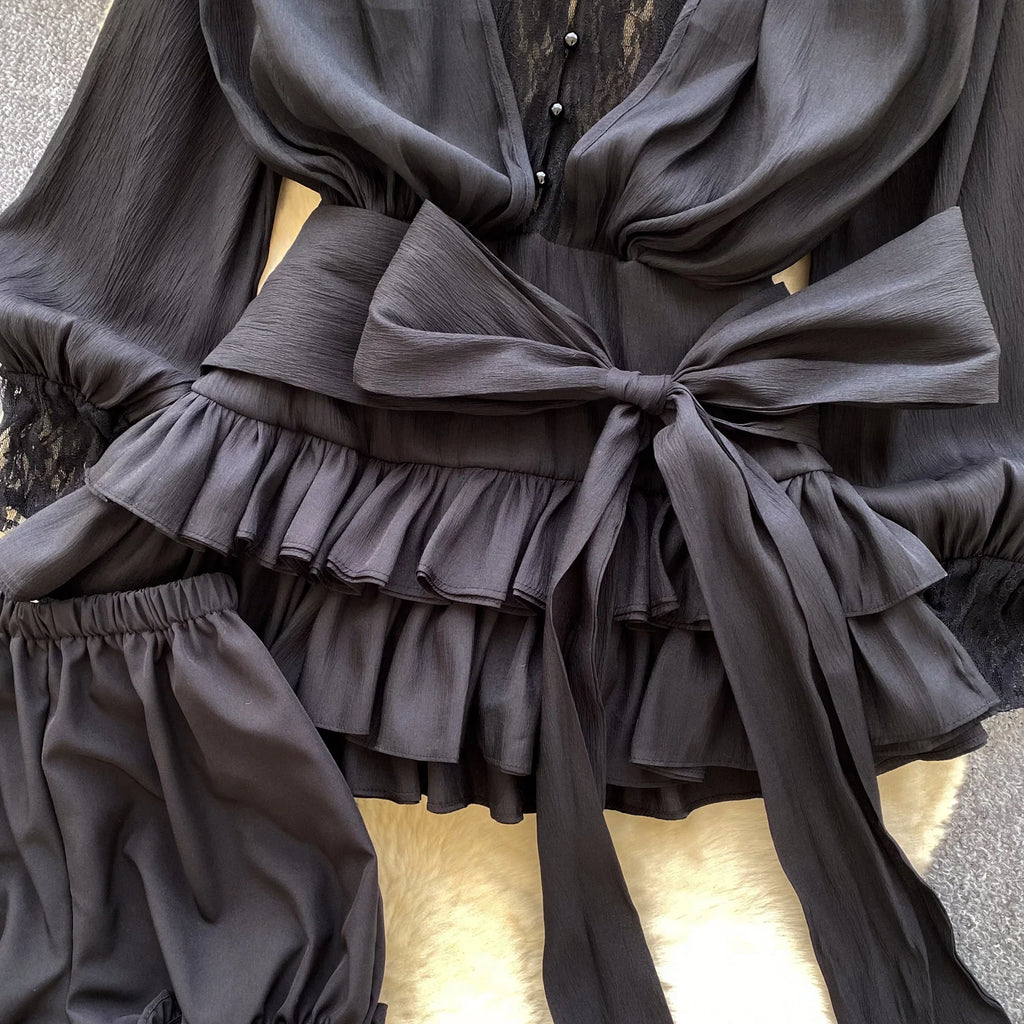 SINGREINY Fairycore Lace Chiffon Dresses With Stretch Shorts Pearl Button Bow Female Ruffles Sheer Seaside Holiday Mini Dress