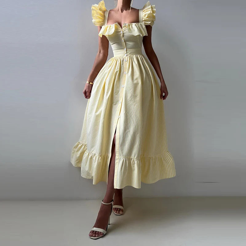 Elegant Striped Ruffled Women's Long Dress Square-Neck Single Breasted Flying Sleeve Dresses 2026 Summer Lady Party Beach Robes