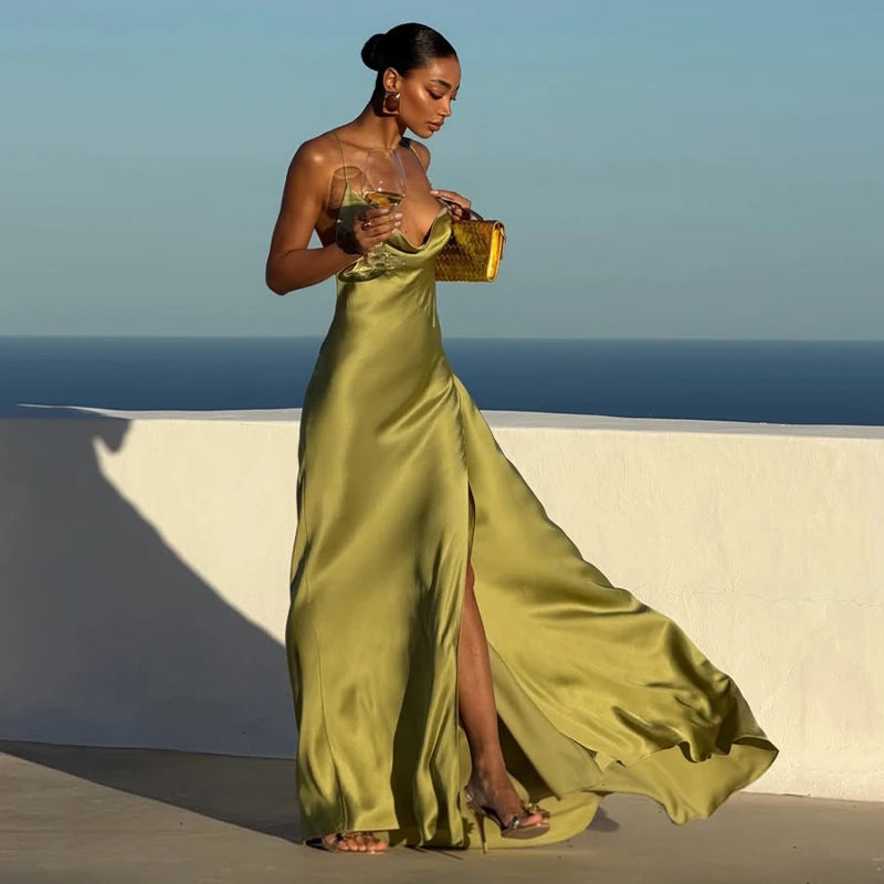 Sexy Women's Satin Solid Long Dress Swing Collar Sleeveless Backless Spaghetti Strap Slit Dresses 2026 Summer Evening Lady Robes