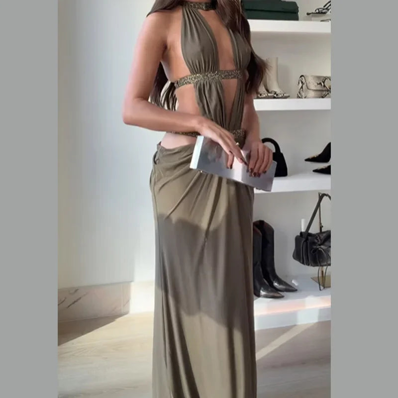 Off Shoulder Pleated Slim maxi dress
