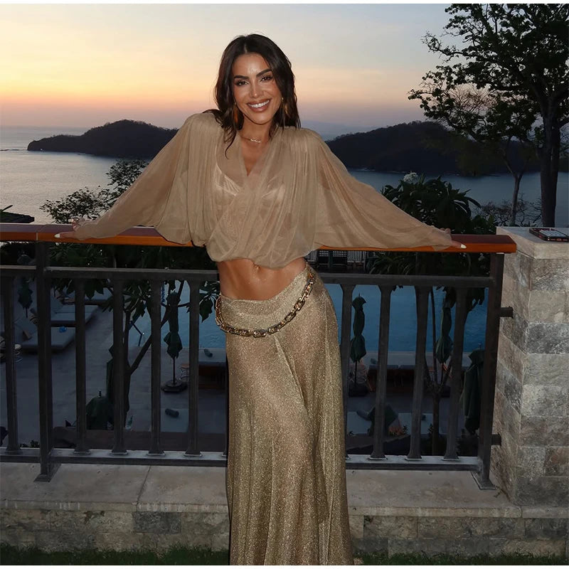 Sexy Women's Solid Top Long Skirt Set V-neck Batwing Full Sleeve Cross Crop Tops Chain Slit Skirts 2026 Summer Lady Beach Suit