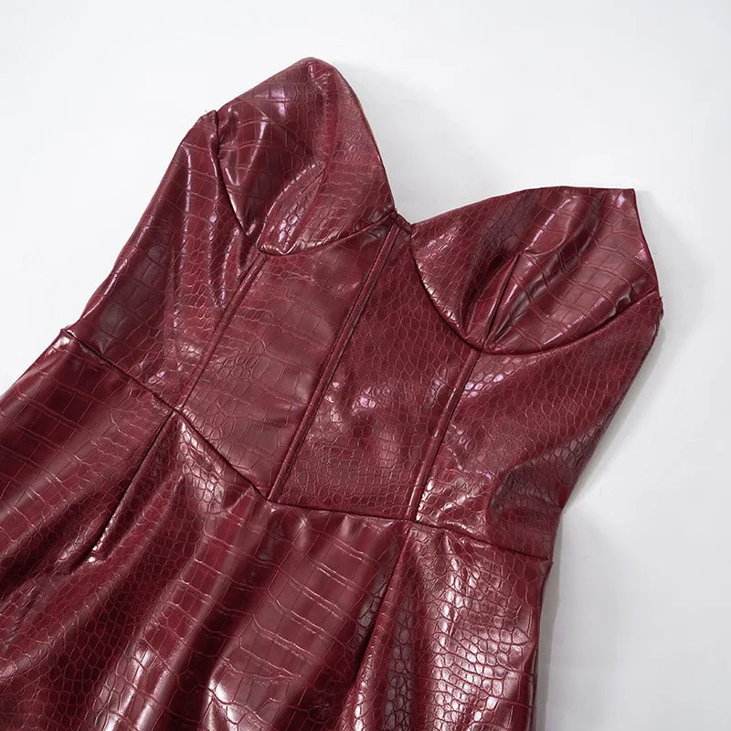 Luxury Leather Strapless Short Dress Chic Womens Summer Sexy Party Waist Curvy Dresses 2025 Evening Red Green Brown Y2K Cocktail