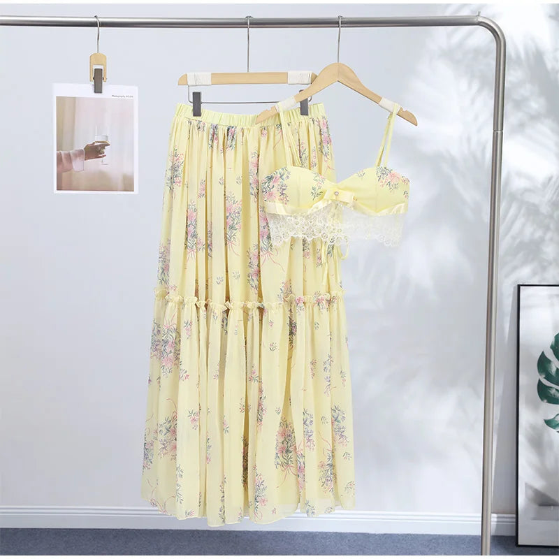 Floral Printed Women's Dress Lace Patchwork Spaghetti Strap Cami Top Female Tulle Ruffle Maxi Skirt Party Beach Dresses For Lady