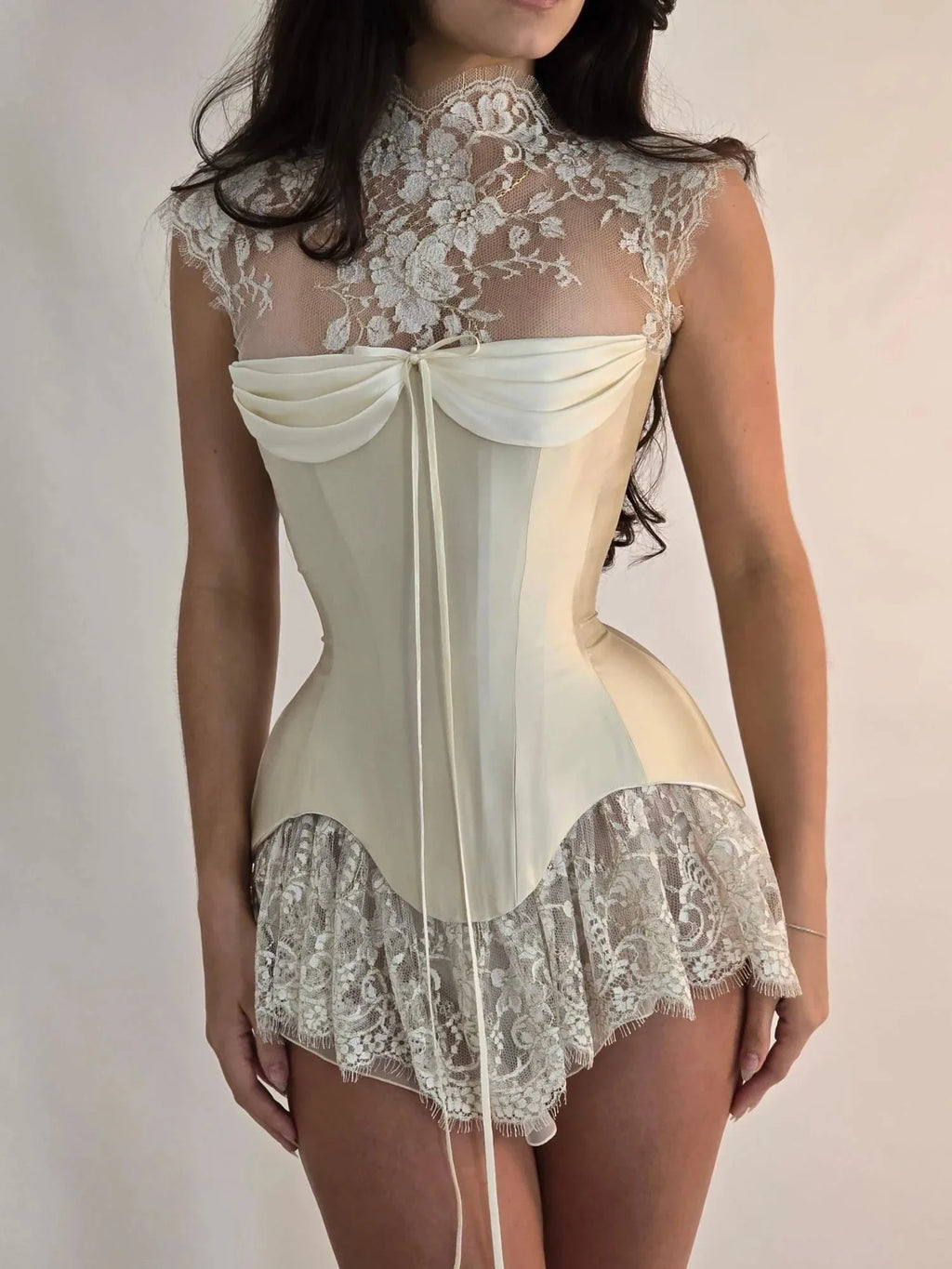 MAE Custom Ivory High Neck Evening Dress Floral Lace Corset Prom Dresses Mini Vestidos De Noche Ruffle Formal Evening 2026