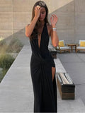 Halter v-Neck Backless Side Slit Dresss